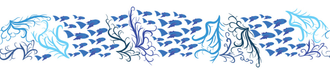 Seamless horizontal banner pattern with shells, bubbles, seaweed, fish, corals and starfish. Marine life on white background