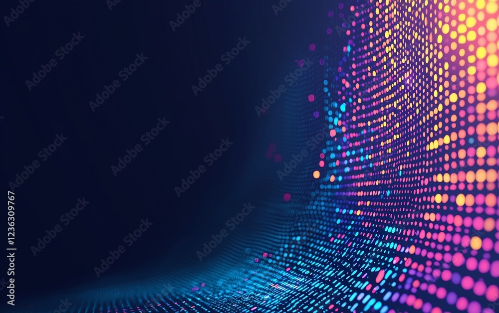 Poster abstract colorful glowing particle wave background.