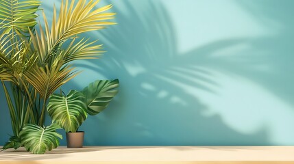 Fototapeta premium Tropical Plants Against a Teal Wall Background