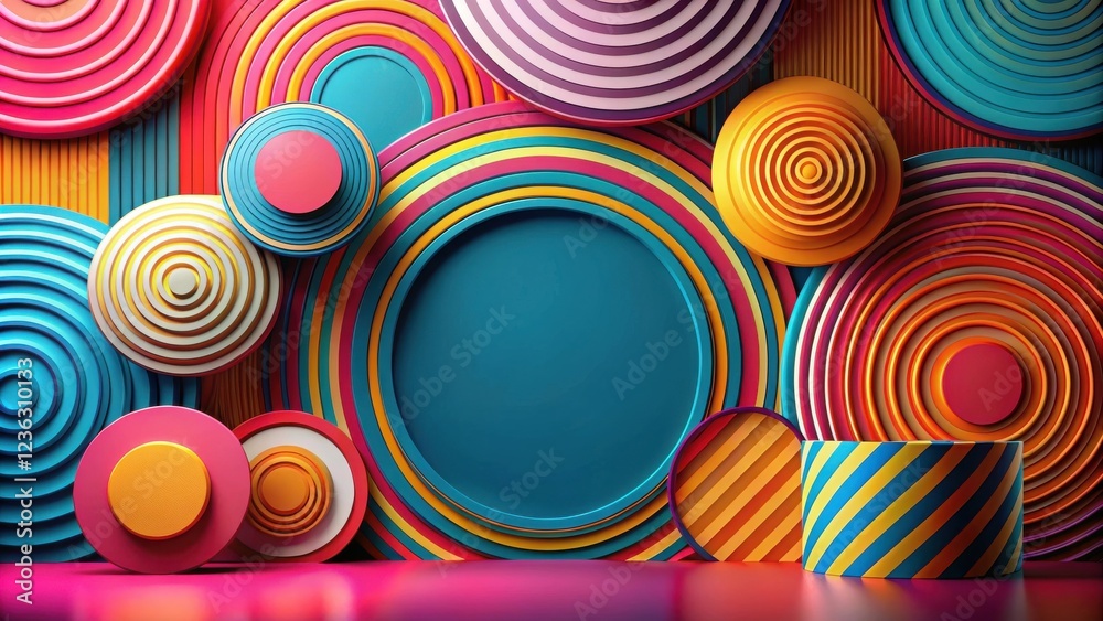 Poster A vibrant display of colorful layered circles with a striped cylinder at the bottom, creating a dynamic visual composition.