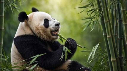 Obraz premium Giant Panda Eating Bamboo in Lush Forest