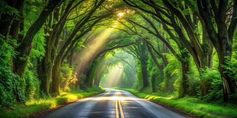 Obraz premium A winding road beneath a canopy of lush green trees with sunbeams illuminating the path ahead