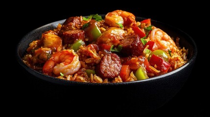 Traditional Spanish paella with seafood on black background. Closeup. Jambalaya