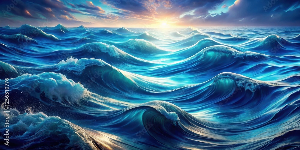 Poster an ethereal seascape with swirling, luminous waves, illuminated by the golden rays of the setting su
