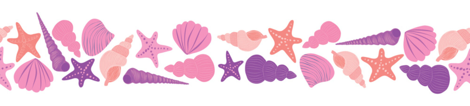 Seamless horizontal banner pattern with shells, bubbles, seaweed, fish, corals and starfish. Marine life on white background