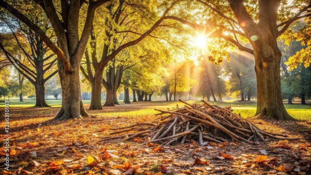 Poster Sunbeams filtering through autumn trees, illuminating a pile of fallen branches on the forest floor.