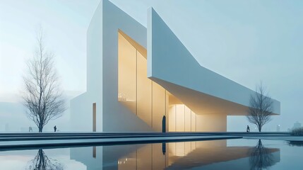 Fototapeta premium A white building with a slanted roof and a large window
