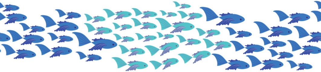 Seamless horizontal banner pattern with shells, bubbles, seaweed, fish, corals and starfish. Marine life on white background