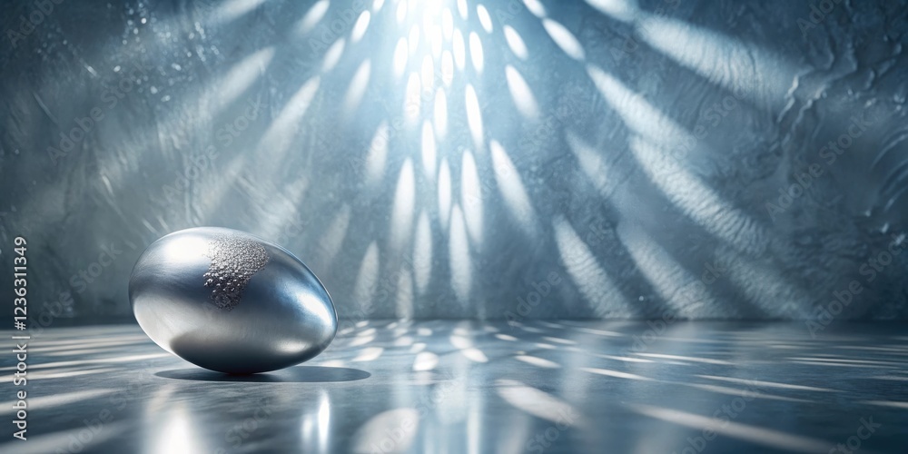 Leinwandbilder a shiny silver egg under a soft, light beam with light rays casting a geometric pattern on the floor