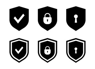 Security shield icons. Lock security and protection approve. Security shields with check mark and padlock. Safety icon. Access protect shield icons. Vector illustration.