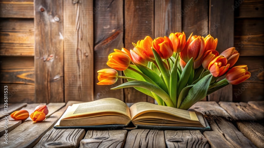 Poster A Bouquet of Orange Tulips Resting on an Open Book Against a Rustic Wooden Background