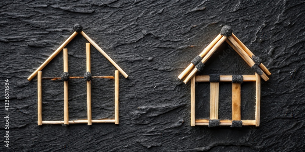 Poster two simple stick houses constructed with a wooden frame and black tape on a slate background