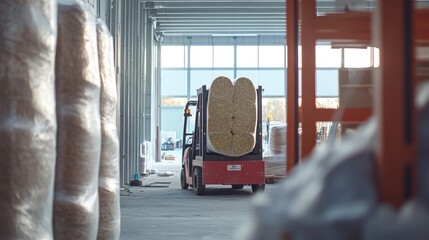 Forklift transporting large roll of insulation material in warehouse.