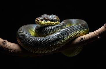 alert green tree python coiled around branch