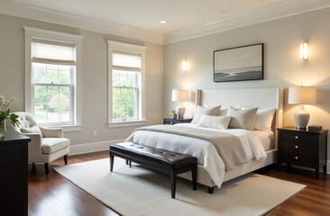 modern white bedroom with minimalist decor and green plant, serene and stylish design - interior design concept
