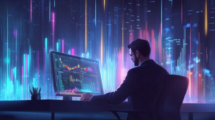 Dynamic financial analysis modern office digital art futuristic environment close-up view data visualization in technology sector