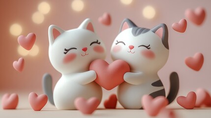 Fototapeta premium Adorable kittens sharing a heart in a romantic setting home cute figurine photography soft lighting whimsical love concept