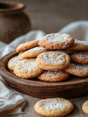 Fototapeta premium A plate of sugar-dusted cookies on a wooden platter.