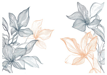 Exotic flowers in line art style for luxury background design, hand-drawn botanical print, wallpaper, packaging, and interior decoration.