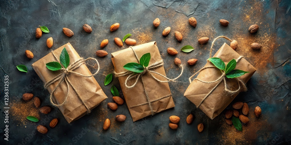 Poster three rustic brown paper wrapped gifts tied with twine and decorated with green leaves, surrounded b