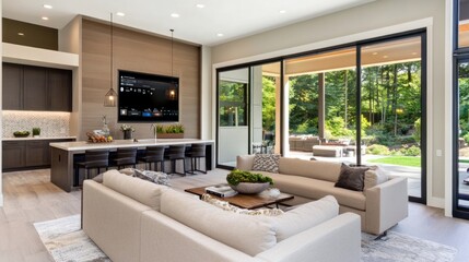 Elegant Living Room with Open Kitchen and Outdoor Patio View modern design