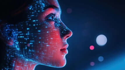 Futuristic female portrait with digital overlay and vibrant light effects