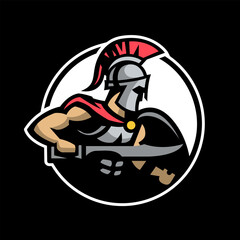 Spartan warrior in armor and with a sword on a dark background.