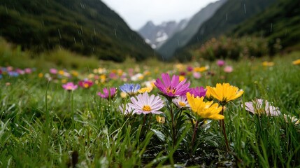 Colorful wildflowers bloom in rainy mountain valley