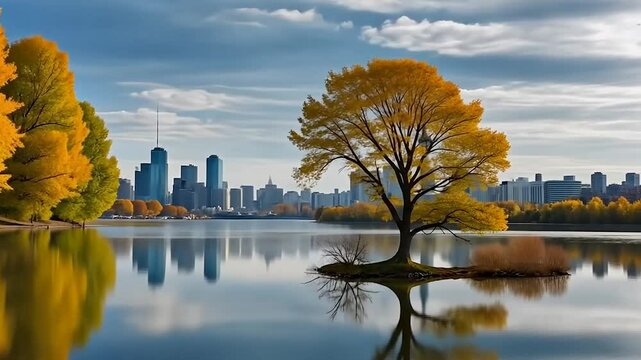 autumn trees reflect in a serene lake. Golden yellow leaves stand out against snow-capped mountains. a peaceful autumn landscape with vibrant colors and tranquil waters.