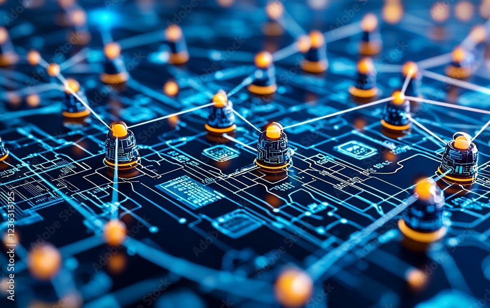 Poster Network nodes interconnected on a circuit board, representing digital connections and data flow.