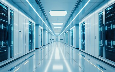 Futuristic server room corridor with glowing blue lights and sleek metallic cabinets.