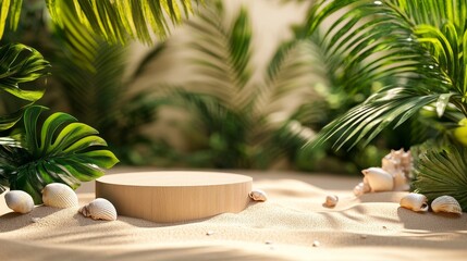 Fototapeta premium Natural Display Podium Surrounded by Tropical Plants and Seashells in a Serene Environment