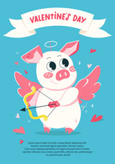 Valentine's Day greeting card template. Funny piggy cupid with wings and a bow and arrow on a blue background with hearts. A postcard for advertising or greeting in a flat style.