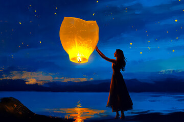 A woman releasing a sky lantern into the night. 