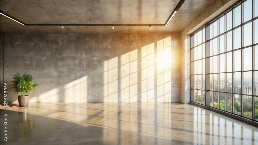 Poster A Minimalist Concrete Room Bathed in Warm Sunlight Streaming Through a Large Window Casting Long Shadows on the Polished Floor
