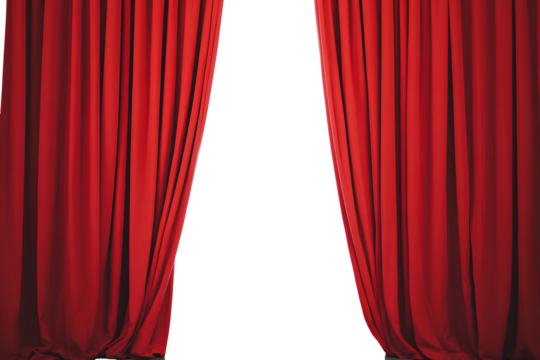 Open Red stage curtain, photo, png isolated on transparent background