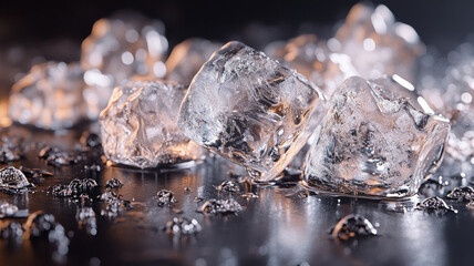 Close-up of melting ice cubes on a wet surface