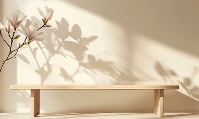 3D rendering of an empty table with shadows from magnolia flowers on the wall, light beige background, minimalist style, soft lighting, close-up shot