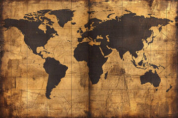 Vintage world map on a textured background with grid lines, symbolizing exploration, global connectivity, and travel.