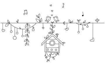 Love birds sit on a rope with spring leaves. Birds stand over their nest and sing a song to each other