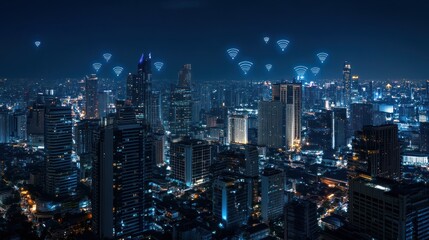 Fototapeta premium Connected Cityscape: Illuminated Skyline with Floating Wi-Fi Symbols at Night