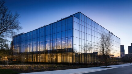 Modern glass building at dusk reflecting urban lights and clear blue sky