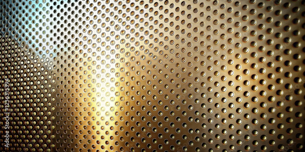 Fototapete a golden metallic sheet with a repeating pattern of circular perforations, creating a subtle depth a