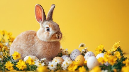 Obraz premium Adorable Rabbit Sitting Amidst Easter Eggs and Blossoming Flowers
