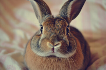 Obraz premium Rabbit with one ear up and one down, sitting on a white background to add charm