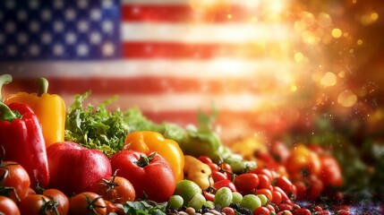 Close-up of Red, Yellow, and Green Vegetables in Front of an American Flag Background