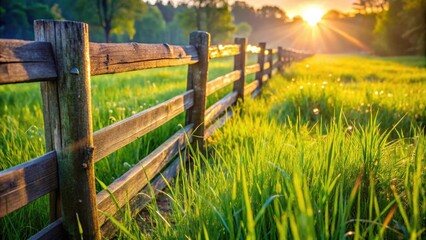 Fototapeta premium A wooden fence stretches across a meadow bathed in golden sunlight, a serene backdrop of green grass and distant trees creating a tranquil pastoral scene.