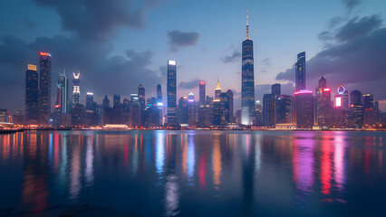 Obraz premium A vibrant city skyline reflects on the water at dusk, featuring modern skyscrapers illuminated with colorful lights, creating a dynamic urban atmosphere