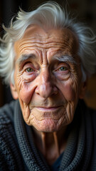An elderly man with white hair and deep wrinkles gazes thoughtfully, showcasing wisdom and experience in his expressive green eyes