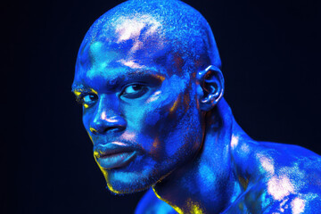 Young man painted in fluorescent paint on face and muscular torso, in studio shot with UV light